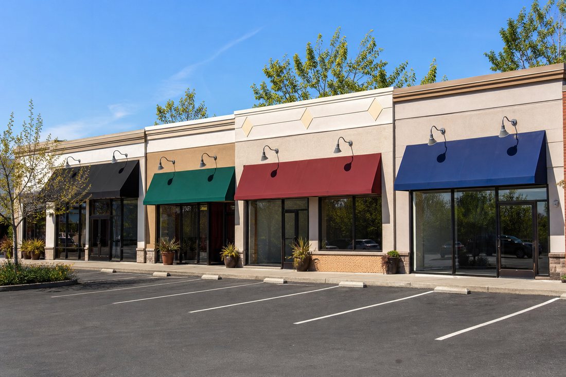 Neighborhood retail storefronts with awnings and parking in the East Bay